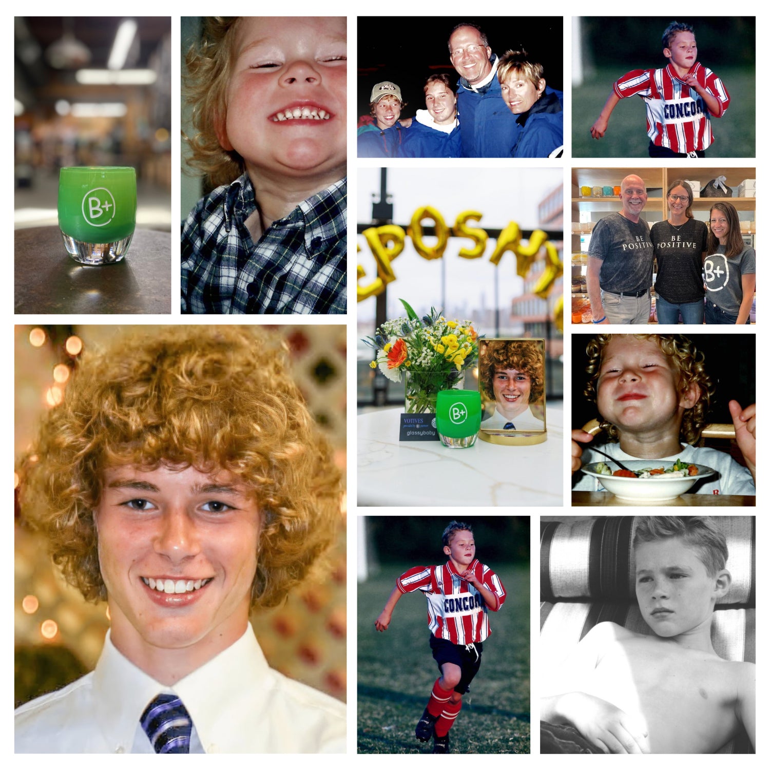 collage of Andrew McDonough and be positive votives, in honor of Andrew and The B+ Foundation