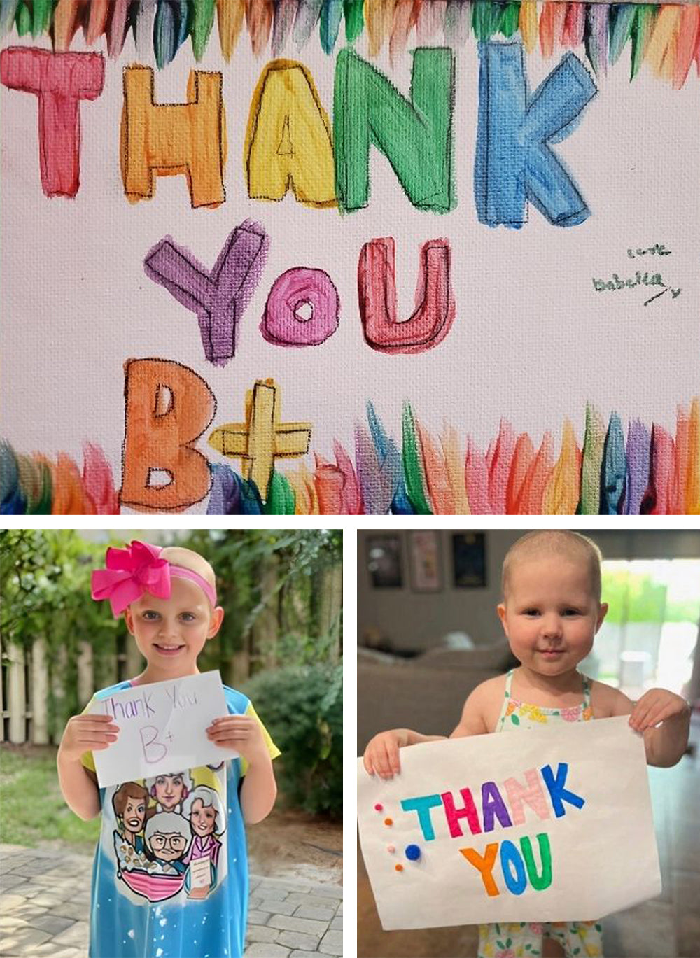 Thank you B+ hand panted with two kids holding thank you signs