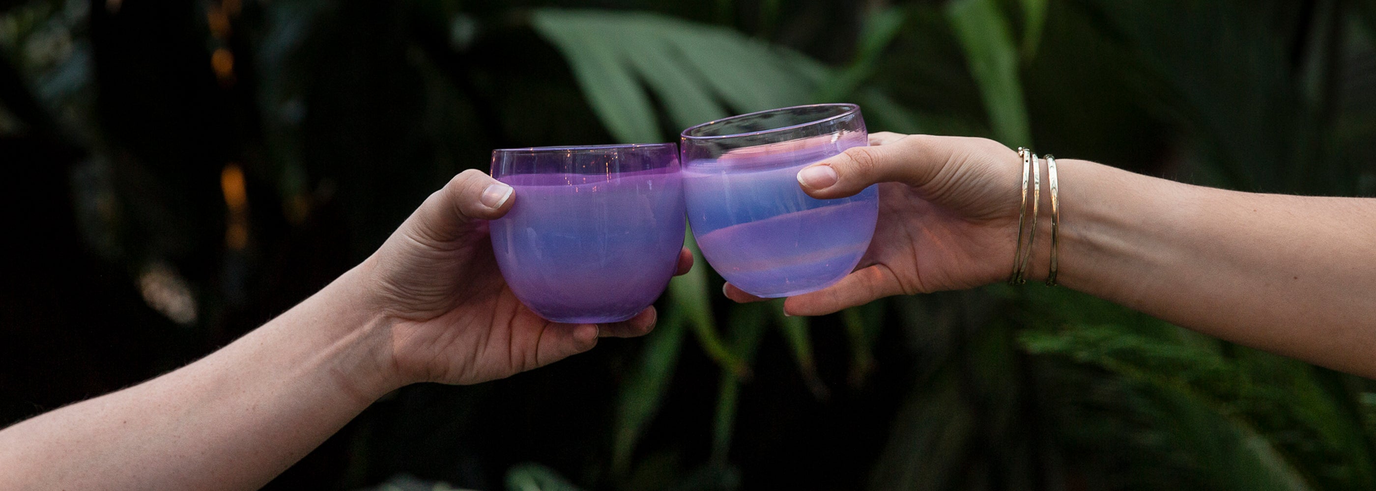 two 'mama drinkers' cheersing glasses with green plants in the background
