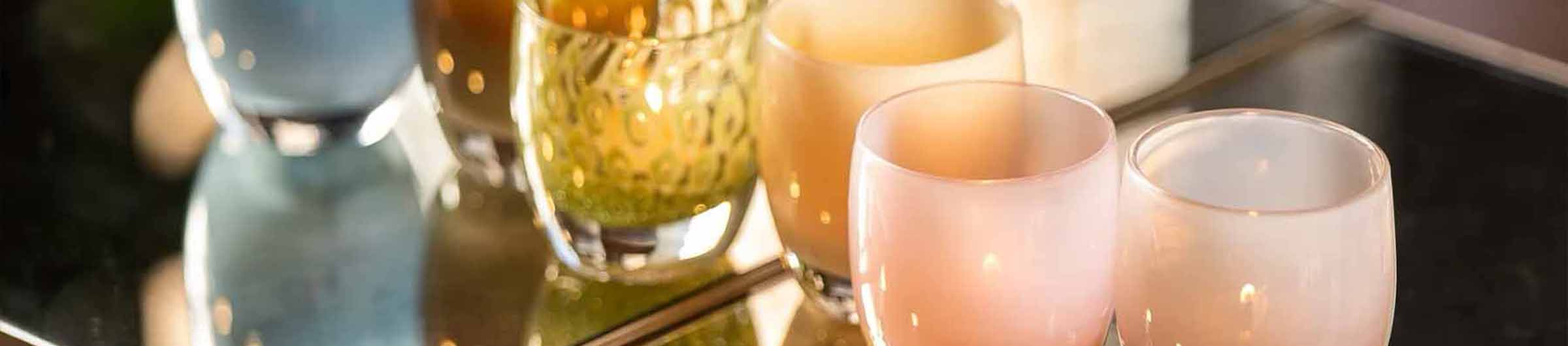 early spring collection of hand-blown glass votive candle holders: robin's egg, hide & seek, boho, nest, snuggle, tenderness