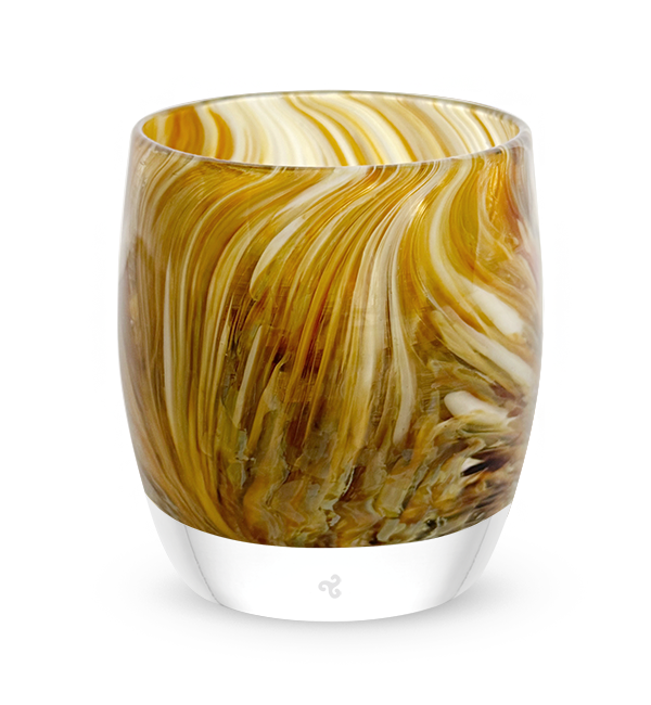 autumn leaves, yellow brown raked hand-blown glass votive candle holder