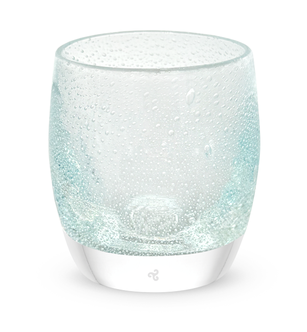 good thoughts, transparent light blue with small bubble pattern hand-blown glass votive candle holder.