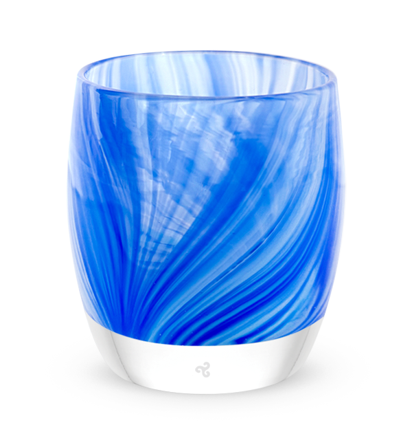 reflection, transparent clear and blue raked hand-blown glass votive candle holder.