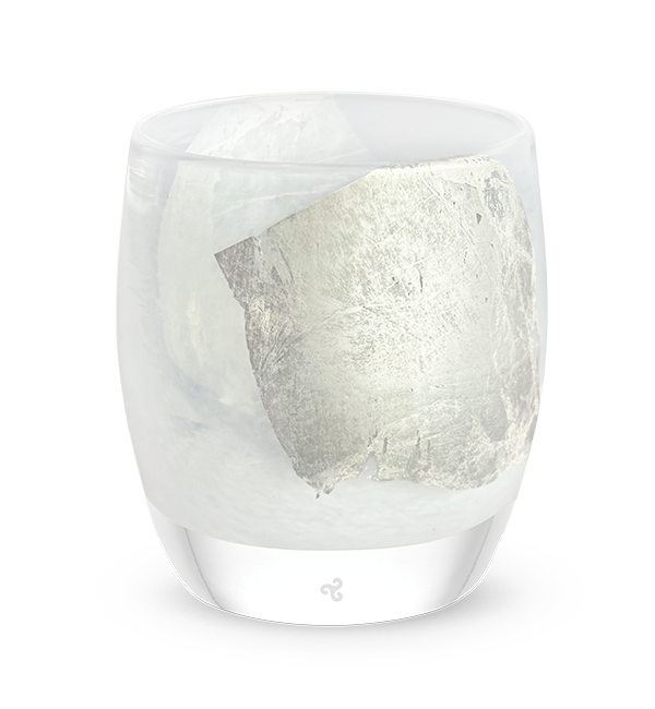 silver leaf, hand-blown white glass votive candle holder with silver leaf