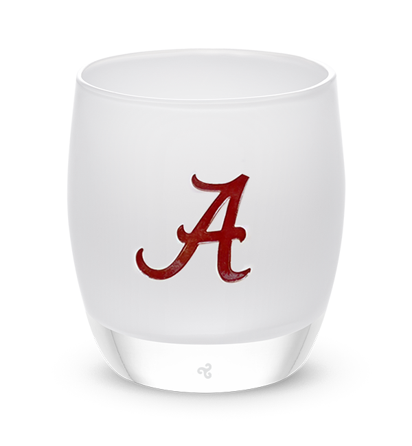etched University of Alabama college logo on a white hand-blown glass candle holder.