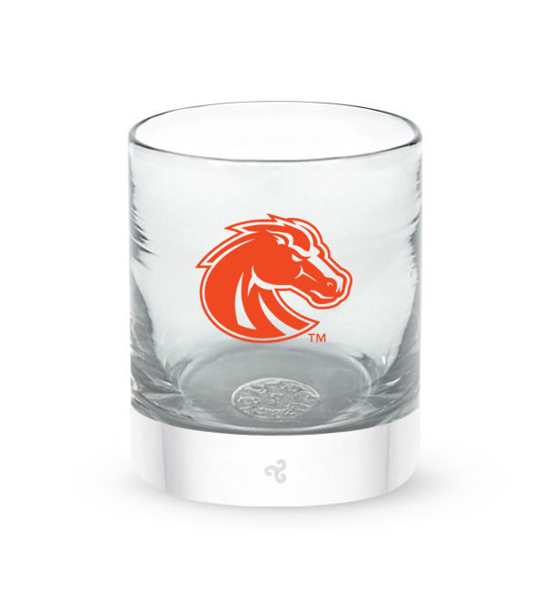 Boise State rocker, clear hand-blown lowball drinking glass with Boise State hand-etched in orange.