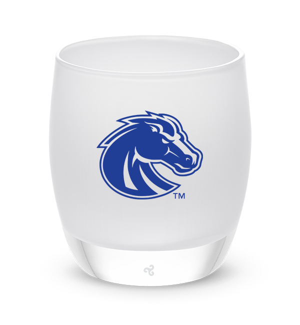 Boise State, white with sandblasted Boise State logo etching hand painted in blue, hand-blown glass votive candle holder.