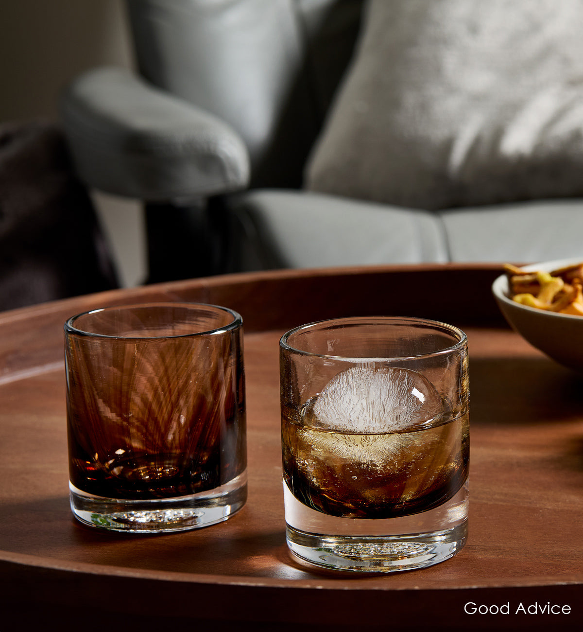 Good Advice rocker - brown hand-blown lowball drinking glass