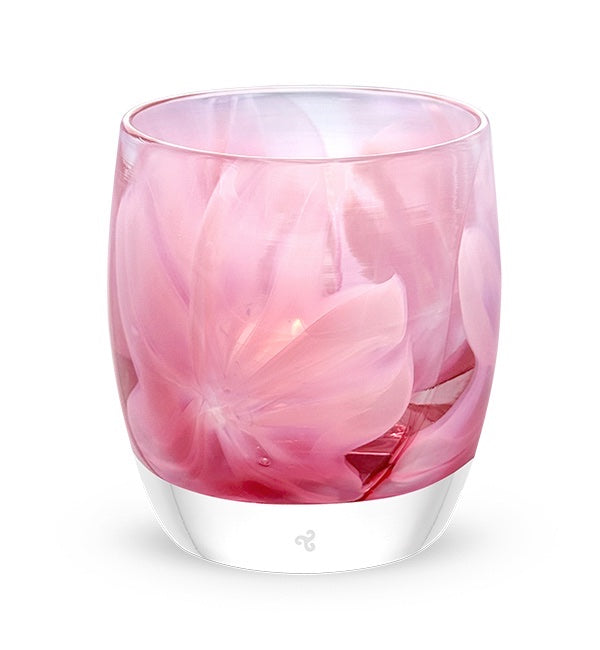 beautiful pink hand-blown glass murrini style candle holder lit
