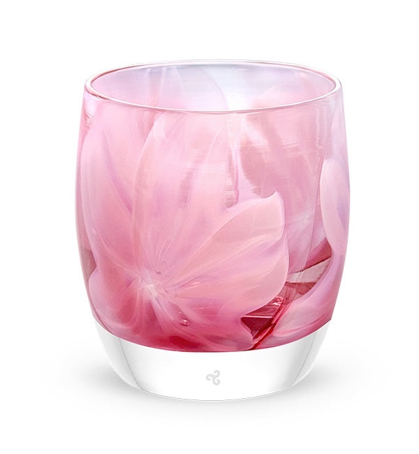 beautiful pink hand-blown glass murrini style candle holder