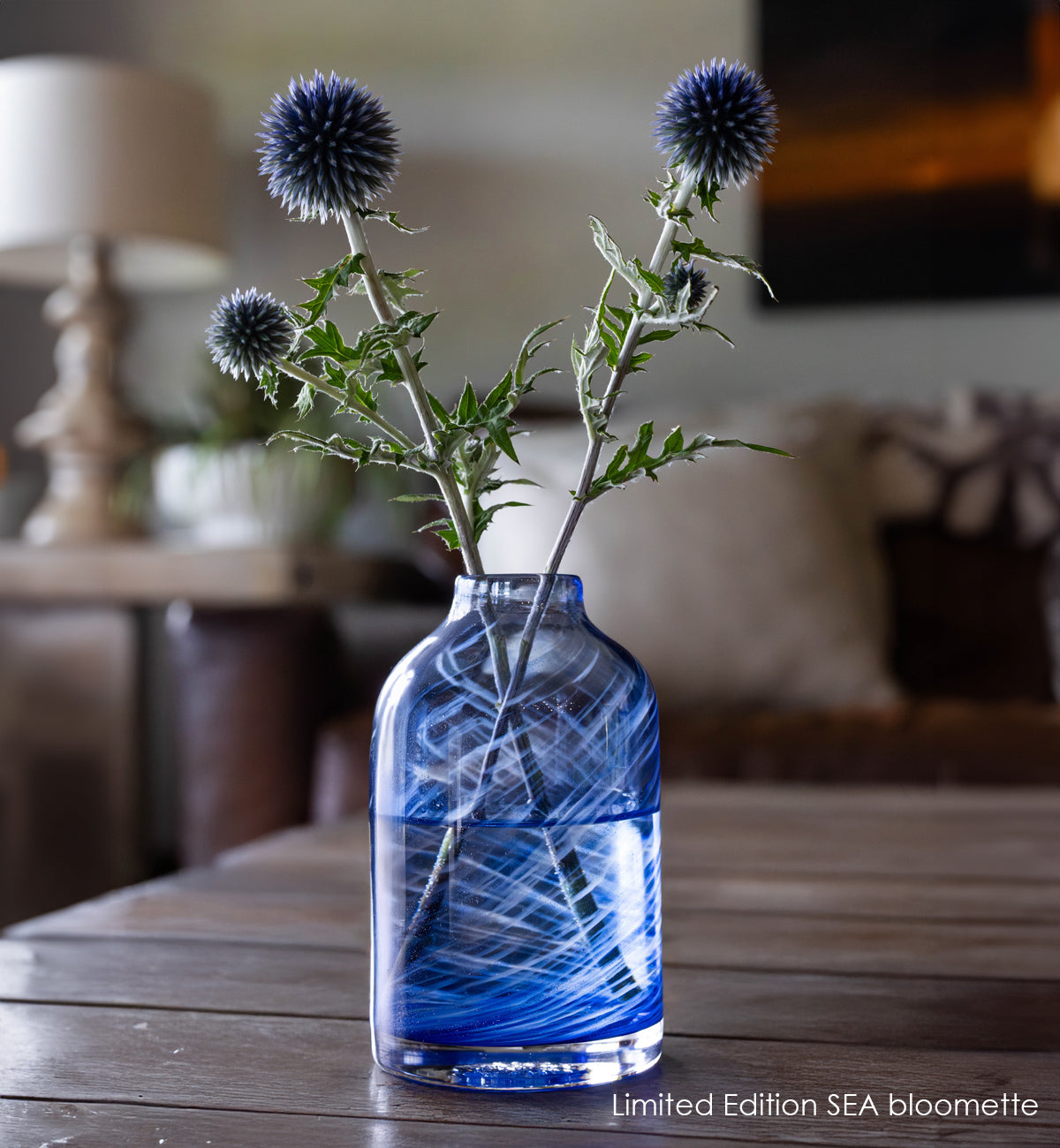 Limited Edition SEA bloomette, blue vase with thin white swirls