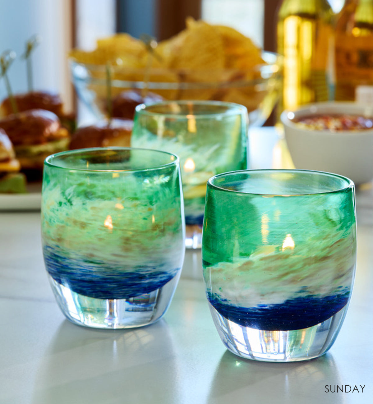SUNDAY | white, green and blue hand-blown glass candle holder