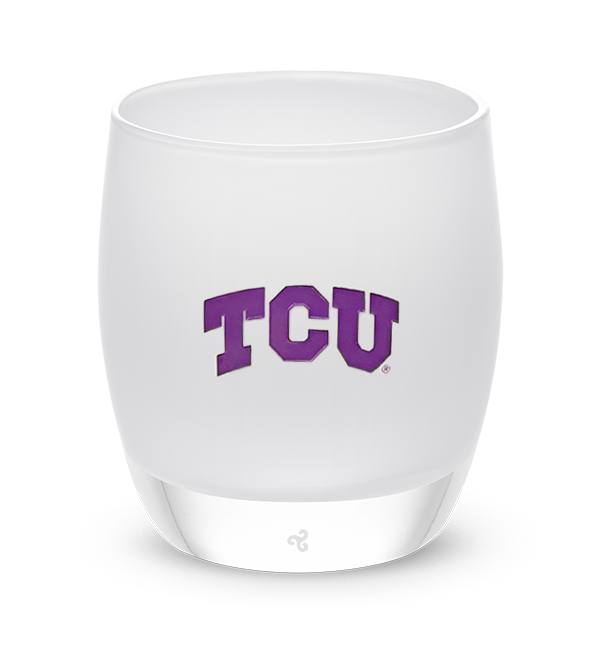 TCU, white with sandblasted Texas Christian University etching hand painted in purple, hand-blown glass votive candle holder.
