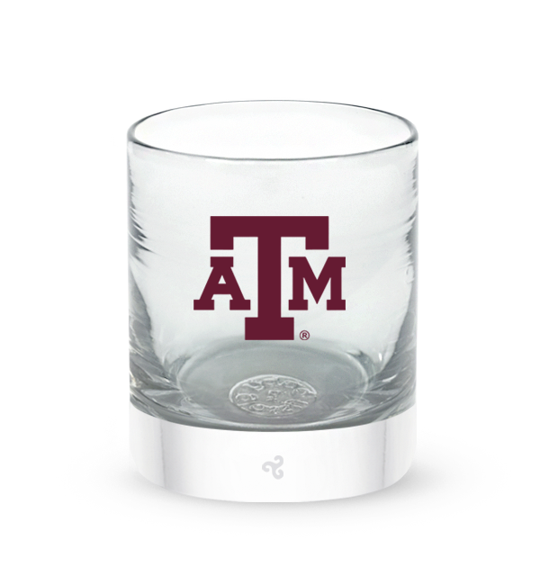 Texas A&M University rocker, clear hand-blown lowball drinking glass with Texas A&M University hand-etched in maroon.
