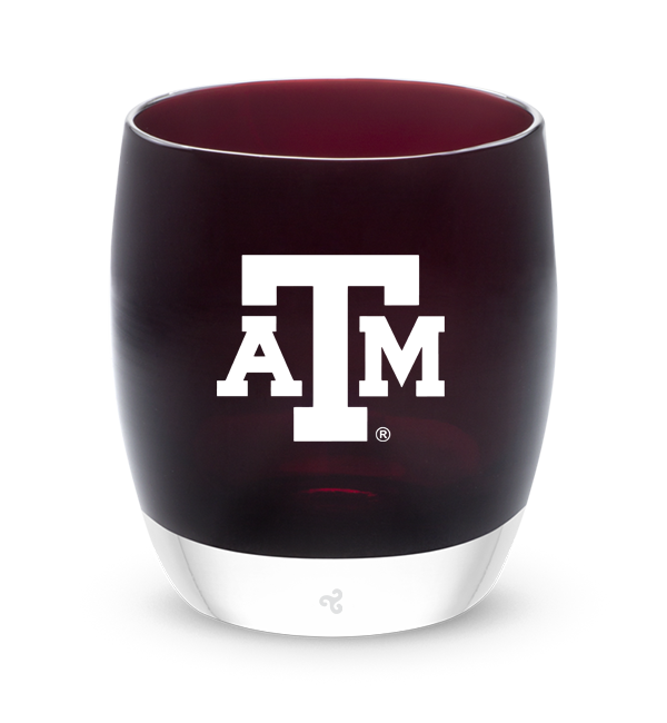 Texas A&M University courage, maroon with sandblasted Texas A&M University logo etching hand painted in white, hand-blown glass votive candle holder.