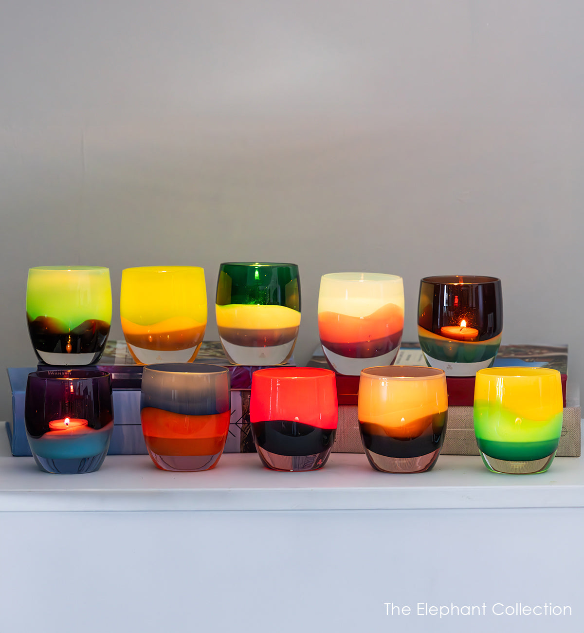 The Elephant Collection - 10 multi colored hand-blown glass candle holders