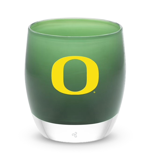 UO, University of Oregon green, hand-blown glass votive candle holder.