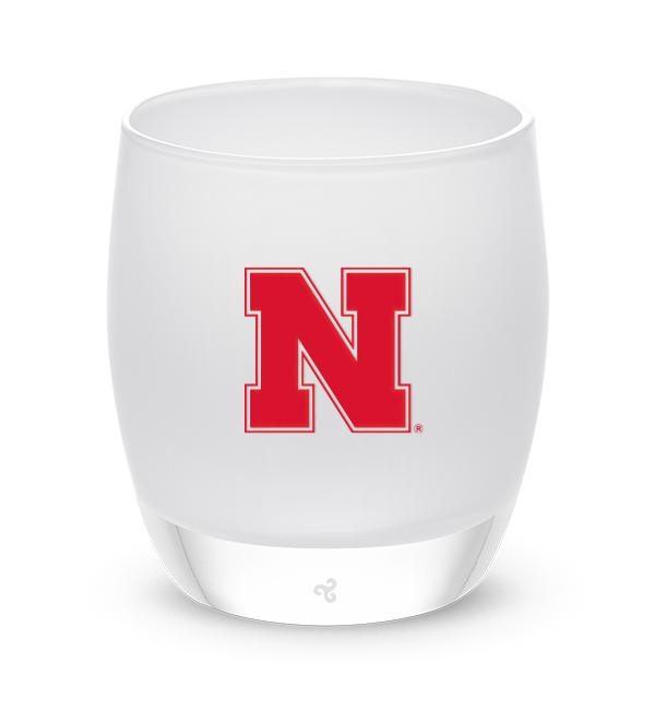 University of Nebraska white glassybaby with red Nebraska logo etched.