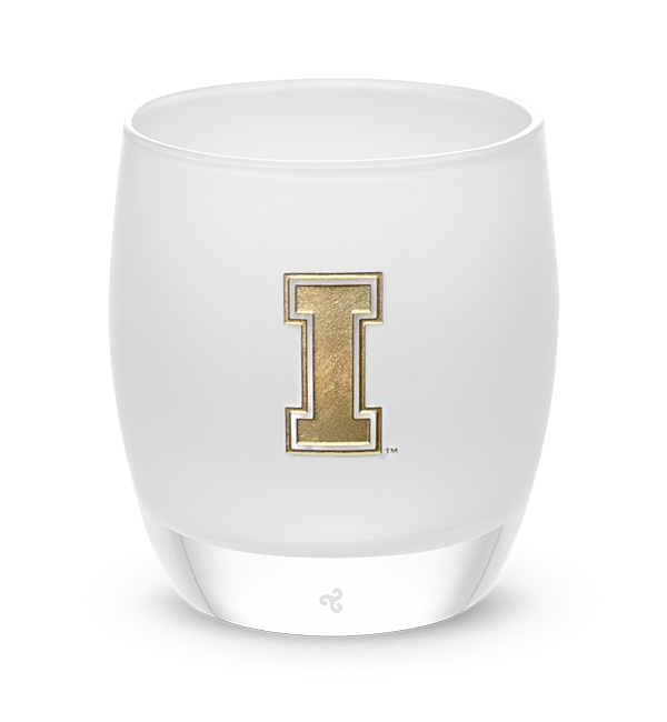 Idaho, white with sandblasted University of Idaho logo etching hand painted in gold, hand-blown glass votive candle holder.