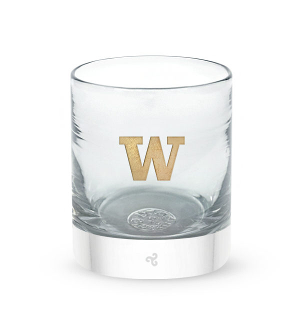 Washington rocker, clear hand-blown stemless wine glass with University of Washington logo hand-etched in gold.
