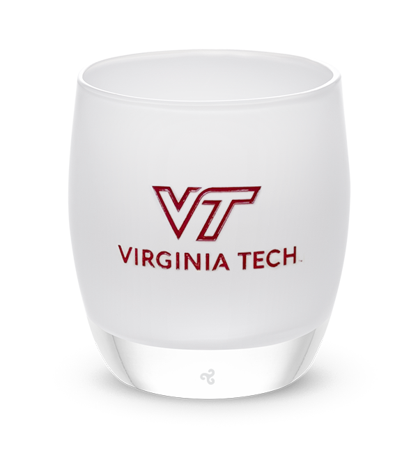 Virginia Tech, white with sandblasted Virginia Tech logo etching hand painted in dark red, hand-blown glass votive candle holder.
