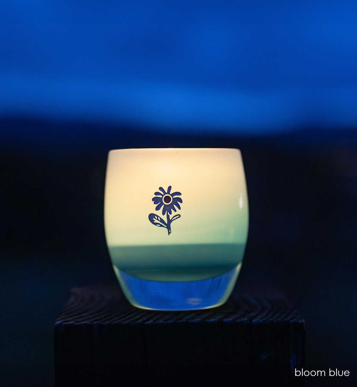 bloom blue glassybaby with white flower etched on it sitting on wood shelf at night.
