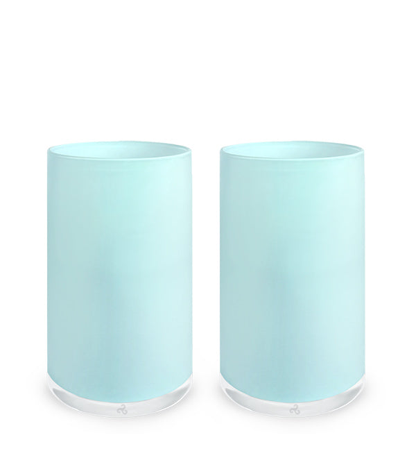 two blue tumblers, light opaque ocean blue hand-blown water glasses