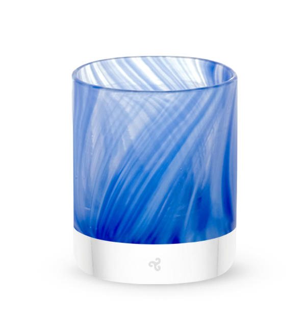 conversation, raked blue hand-blown glass lowball drinking glass.