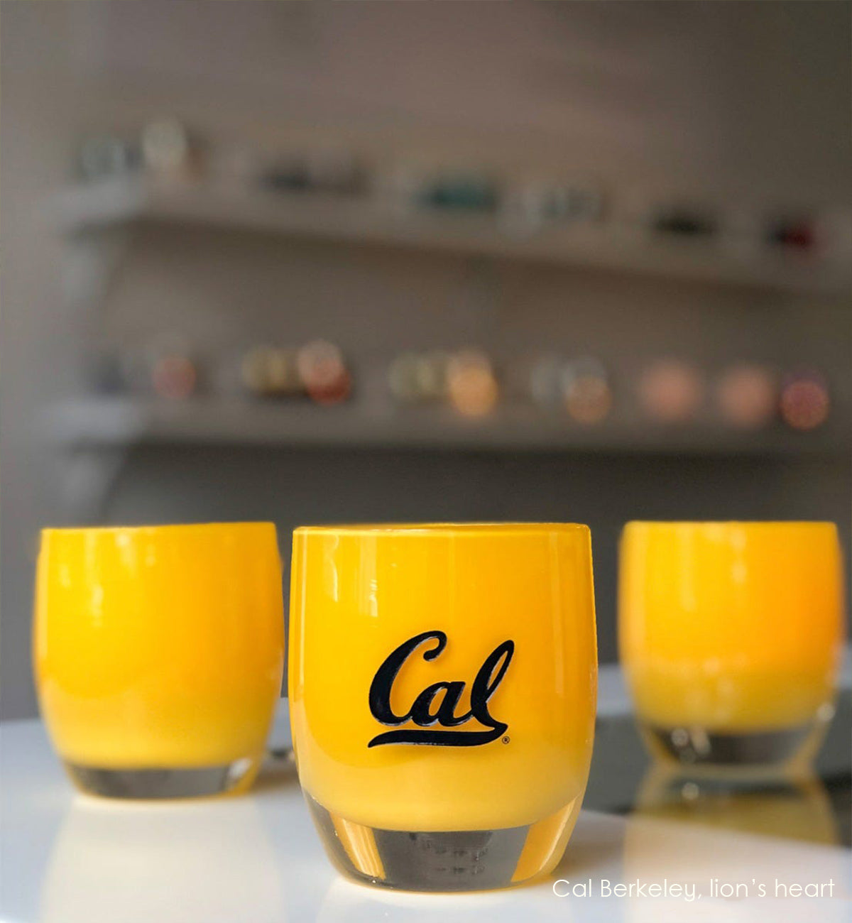 Cal Berkeley, yellow University of California Berkeley with etched navy blue logo hand-blown glass votive candle holder. Paired with lion's heart on a white table in a glassybaby retail store.