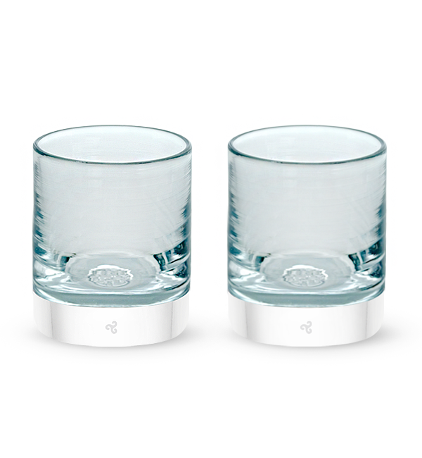 two Clarity rockers, clear with light blue hues hand-blown glass lowball drinking glasses. #option_pair