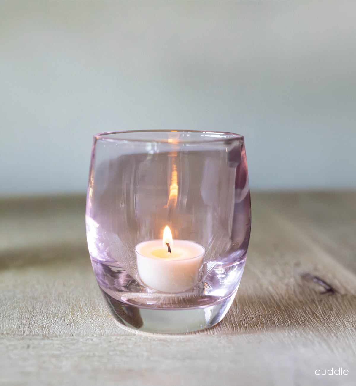 'cuddle' a pink transparent glassybaby hand-blown glass candle holder