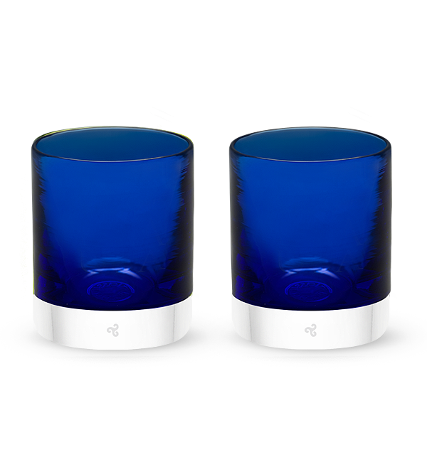 two Deep Sea rockers, dark royal blue hand-blown glass lowball drinking glasses. #option_pair