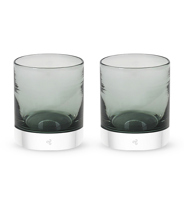 two Dusk and Dawn rockers, dark gray hand-blown glass lowball drinking glasses. #set_pair