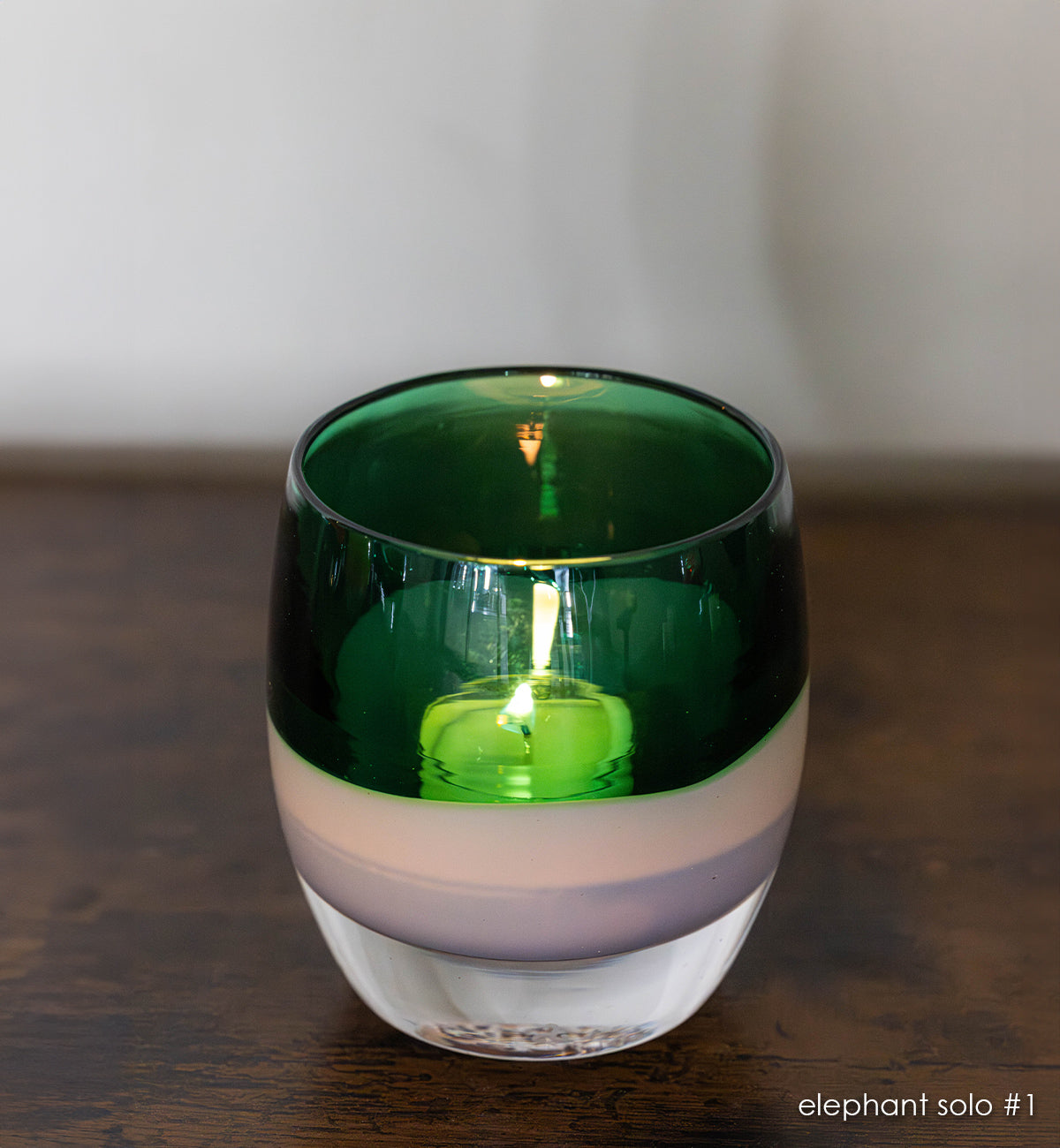 elephant solo #1 green/purple hand-blown glass candle holder.