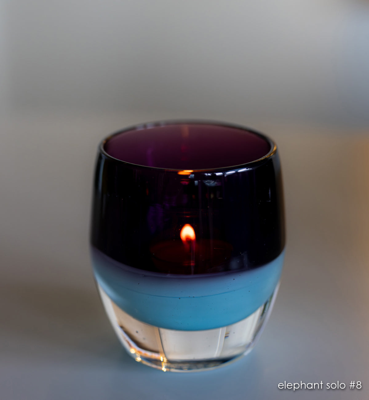 elephant solo #8 purple and green hand-blown glass candle holder.