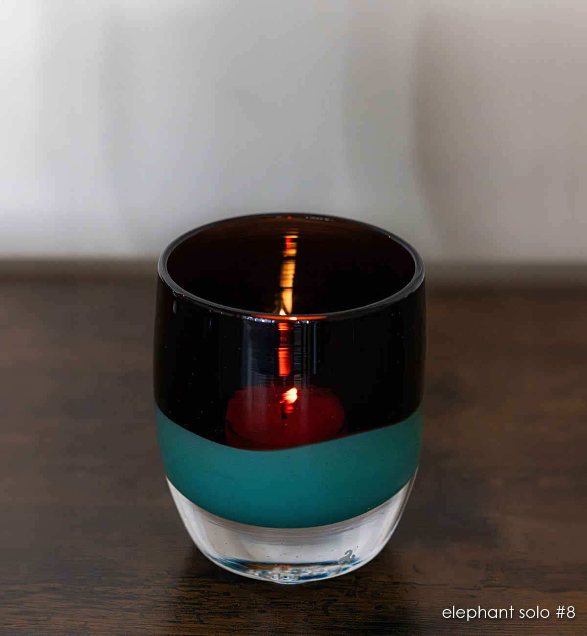 elephant solo #8 purple and green hand-blown glass candle holder.