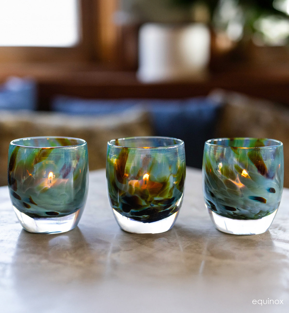 three equinox light blue and brown hand-crafted glass votives candle holder