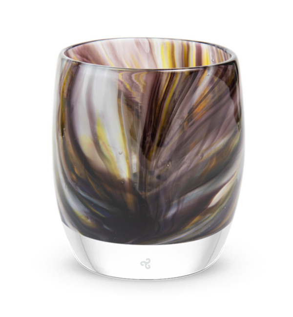 exquisite is a purple yellow and white swirled, hand-blown glass votive candle holder, crafted with a custom color bar.