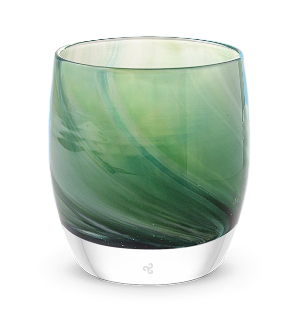 forest walk, translucent green swirl hand-blown glass votive candle holder.