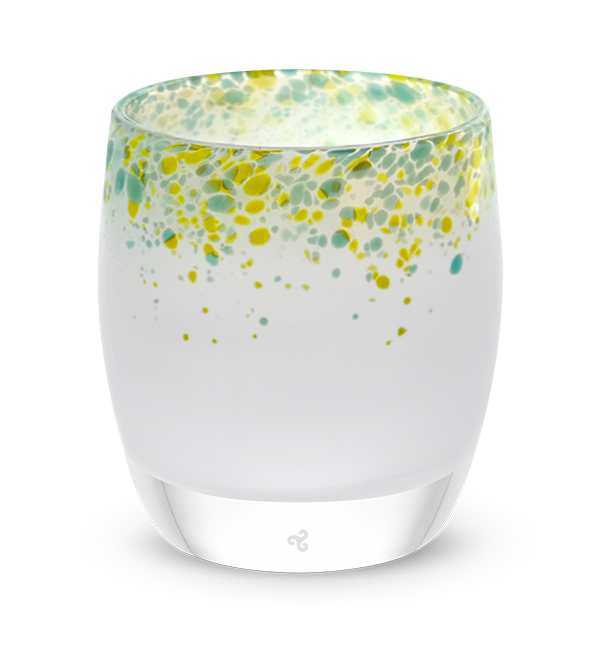 friday night, white topped with a blue, green, yellow confetti frit. hand-blown glass votive candle holder.