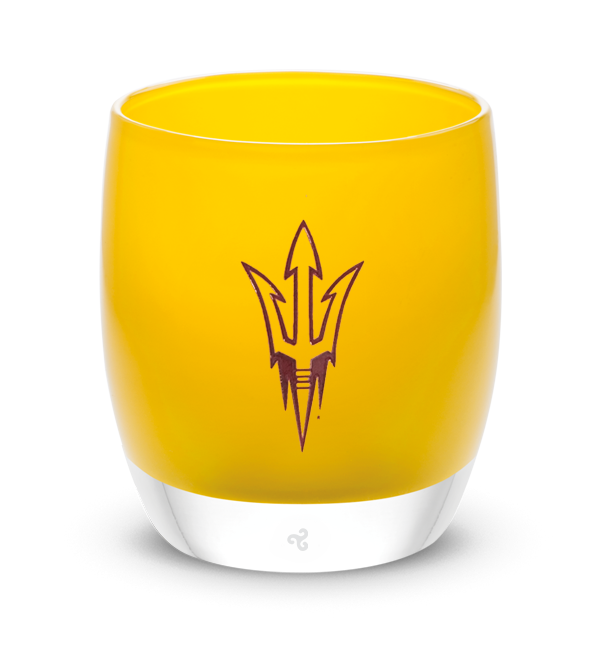 ASU etched logo in crimson red on a yellow hand-crafted glass candle holder.