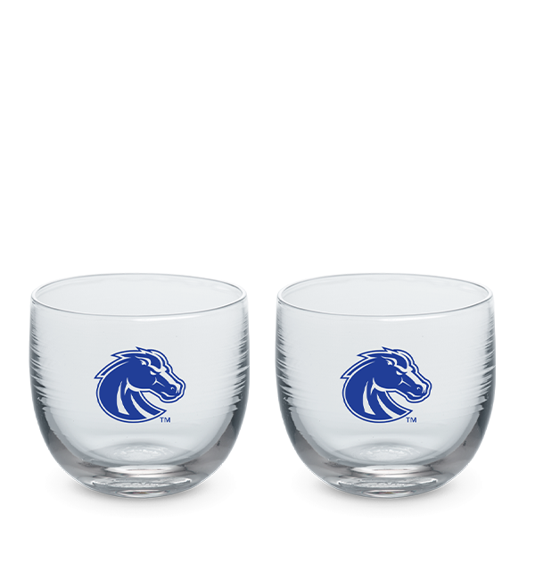 Boise State drinker set, clear hand-blown stemless wine glasses with Boise State logo hand-etched in blue.