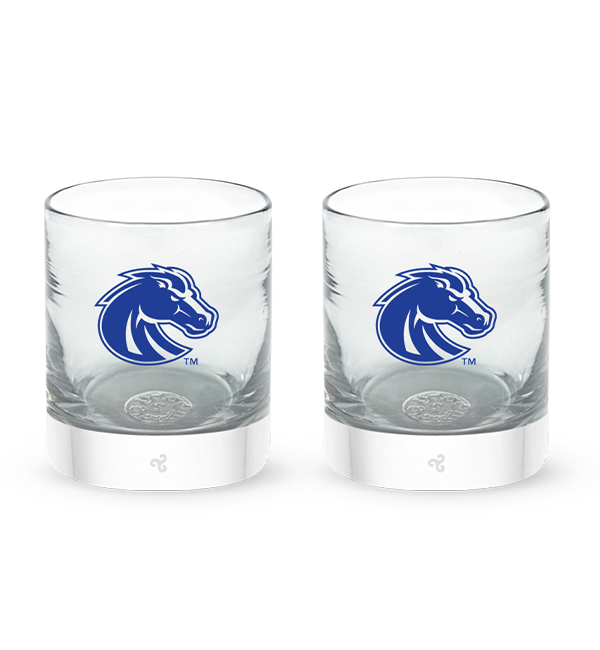 Boise State rocker set, clear hand-blown lowball drinking glasses with Boise State hand-etched in blue.