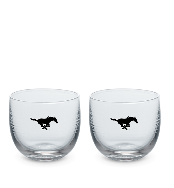Southern Methodist drinker set, clear hand-blown stemless wine glasses with Southern Methodist University horse logo hand-etched in black.