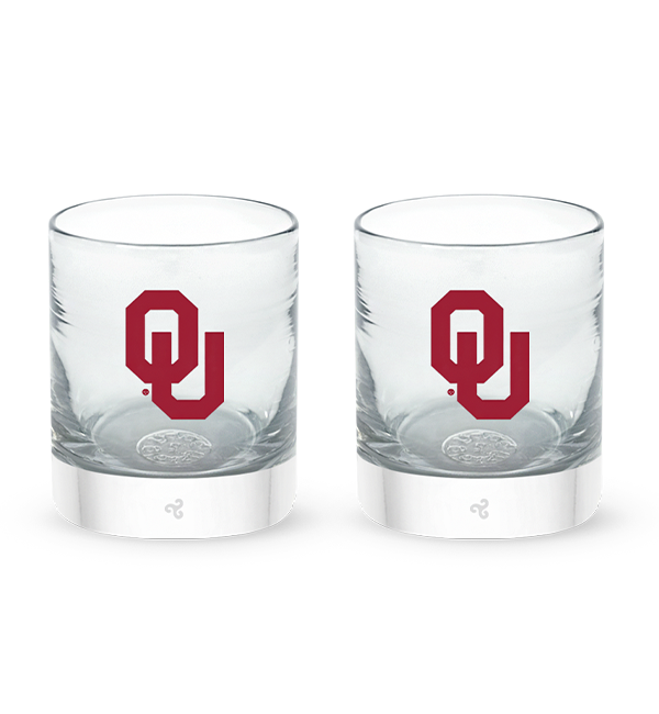 University of Oklahoma rocker set, clear hand-blown lowball drinking glasses with University of Oklahoma hand-etched in red.