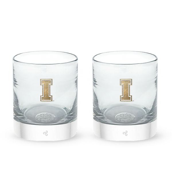 Idaho rocker set, clear hand-blown lowball drinking glasses with University of Idaho logo hand-etched in gold.
