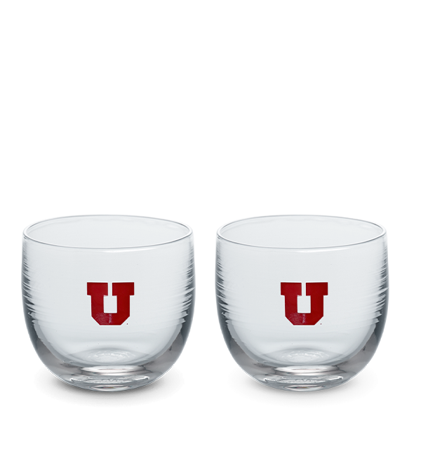 Utah drinker set, clear hand-blown stemless wine glasses with University of Utah logo hand-etched in red.