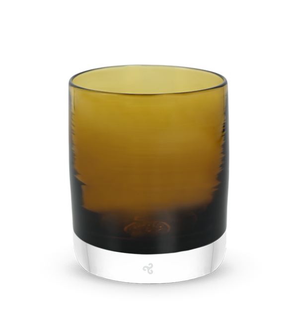deep brown hand-blown lowball glass.