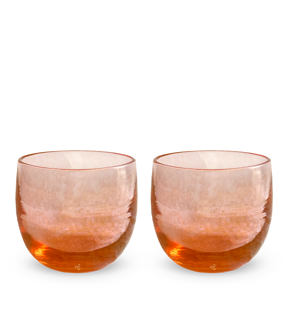 aperol set, two coral hand-blown drinking glasses