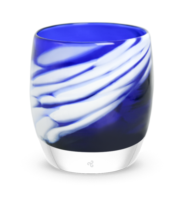 freebird blue with white wing, hand-blown glass votive candle holder